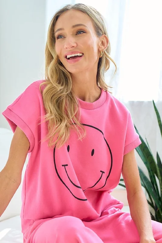 Sheer T-ShirtsSmile T-Shirt Face Drop Shoulder Brushed Inside